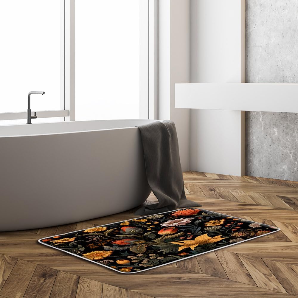 Black Boho Floral Bath Mat 178x295 Inches
