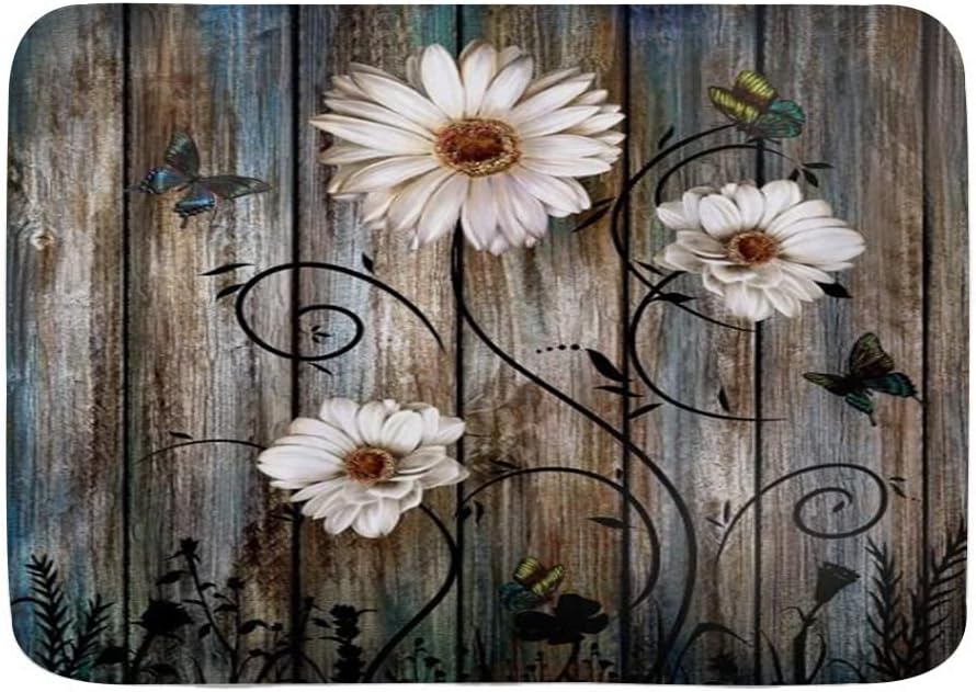 LONSANT Rustic Grey Floral Bath Rug Non-Slip Farm Style Mat