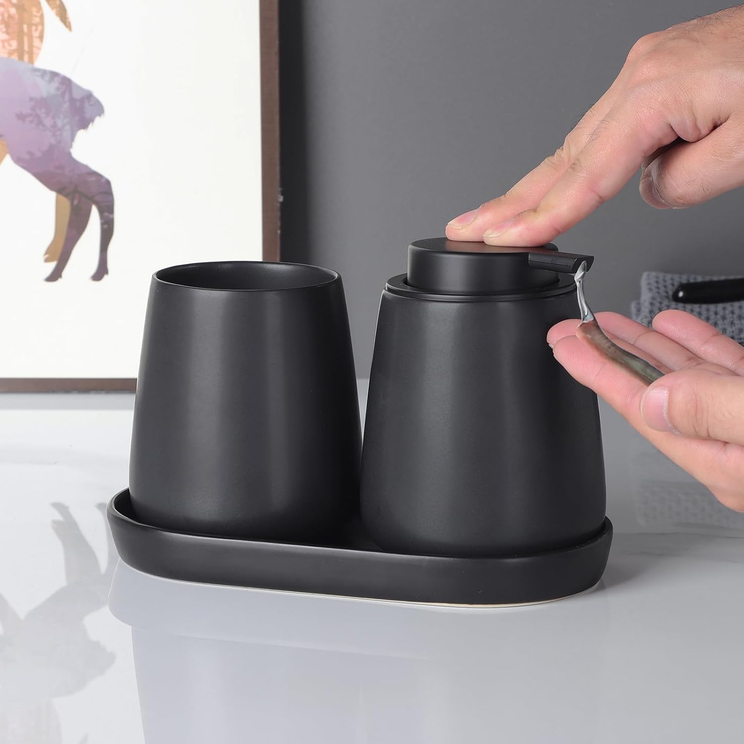 Eyrozia 2 Pack Matte Black Soap Dispenser Tray - 8 Ceramic Vanity Organizer Set