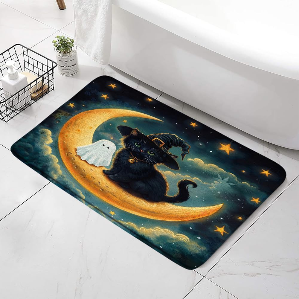 Halloween Witch Cat Bath Mat with Non-Slip Backing