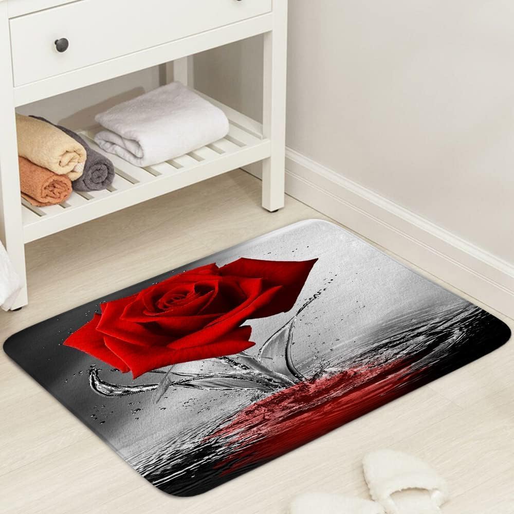 JAWO Red Rose Bath Mat Non-Slip Black Flannel 17x29