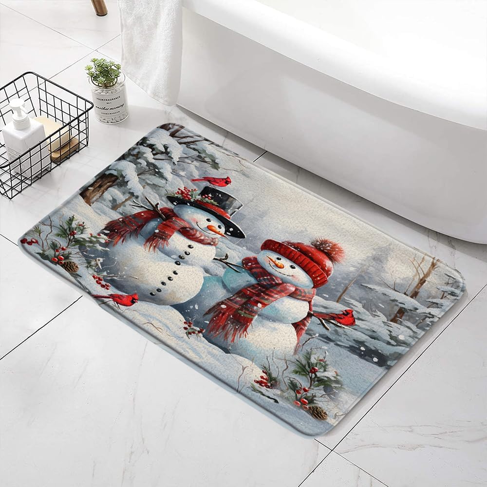 Happy Christmas Snowman Bath Mat - 24x16 Inch Non-Slip