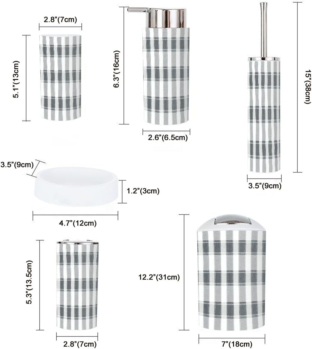 Boho Bathroom Accessory Set 6 Piece in Grey and White Plaid