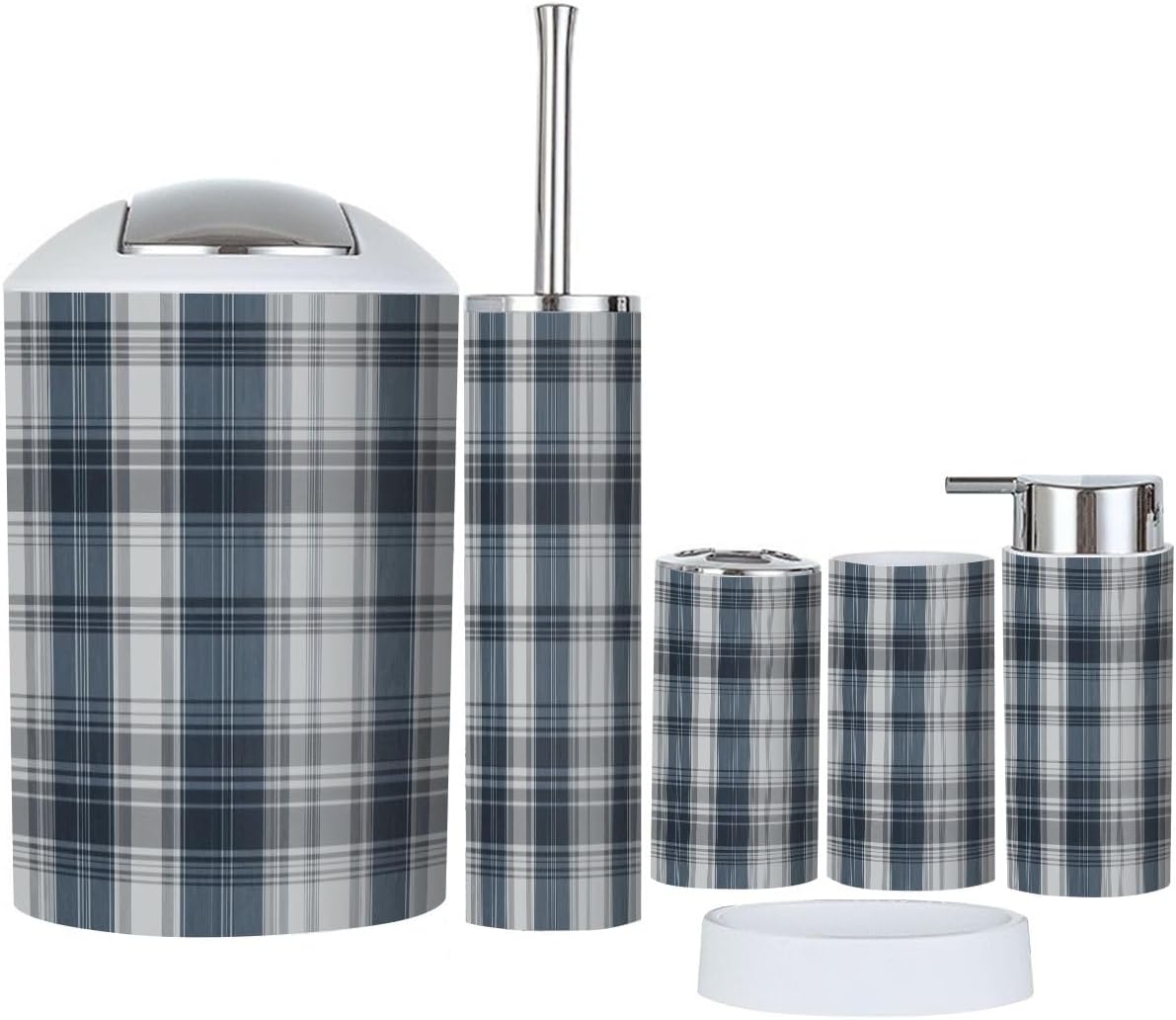Boho Blue Grey Plaid Bathroom Accessory Set 6 Piece
