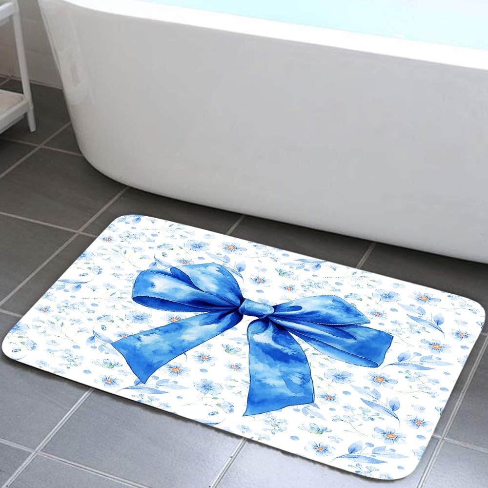 Blue Bow Bathroom Rug Flannel Non-Slip Bath Mat for Kids