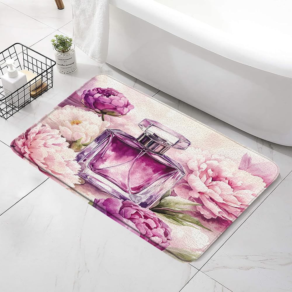 Floral Perfume Bottle Bath Mat - Purple Pink Peony Design