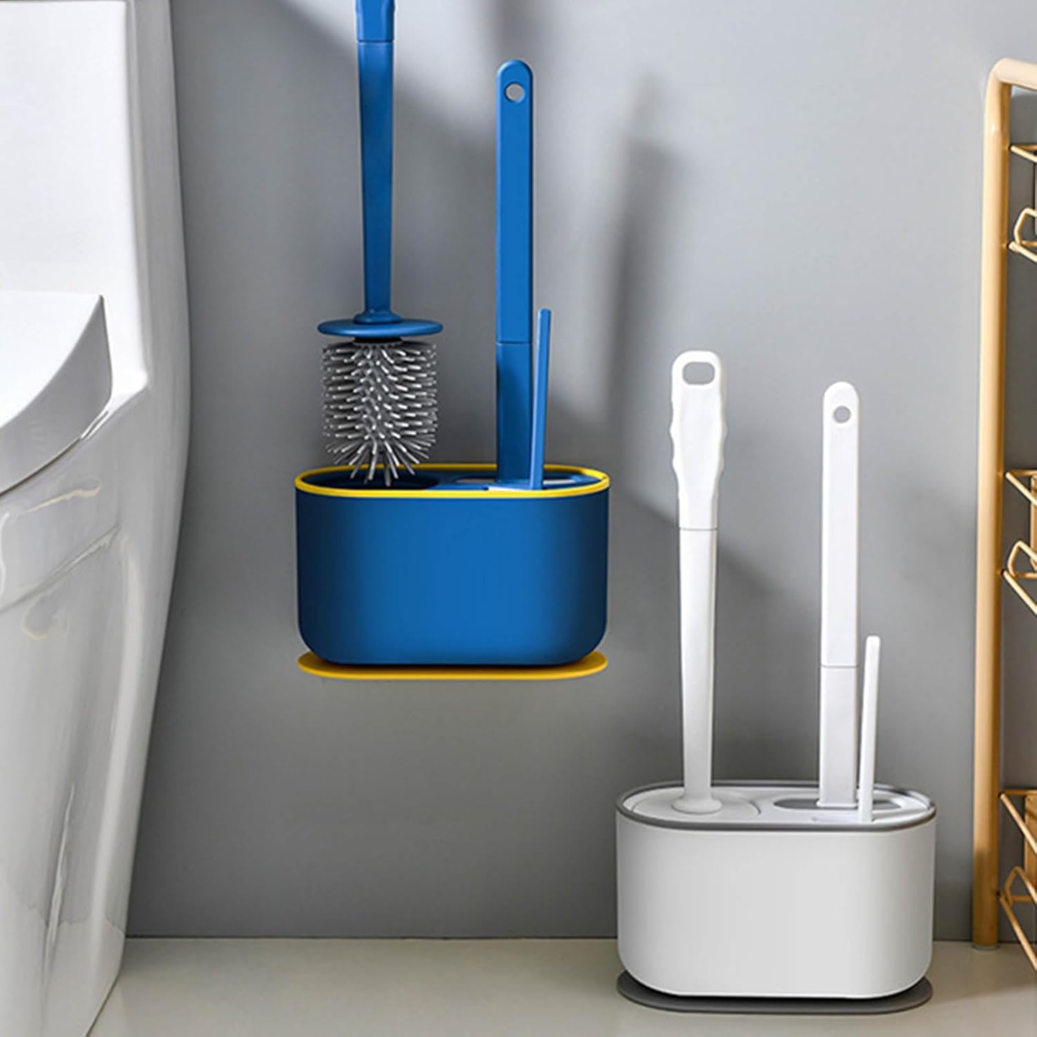 HERCHR Long Handle Toilet Brush and Holder Set - White Deep Cleaning