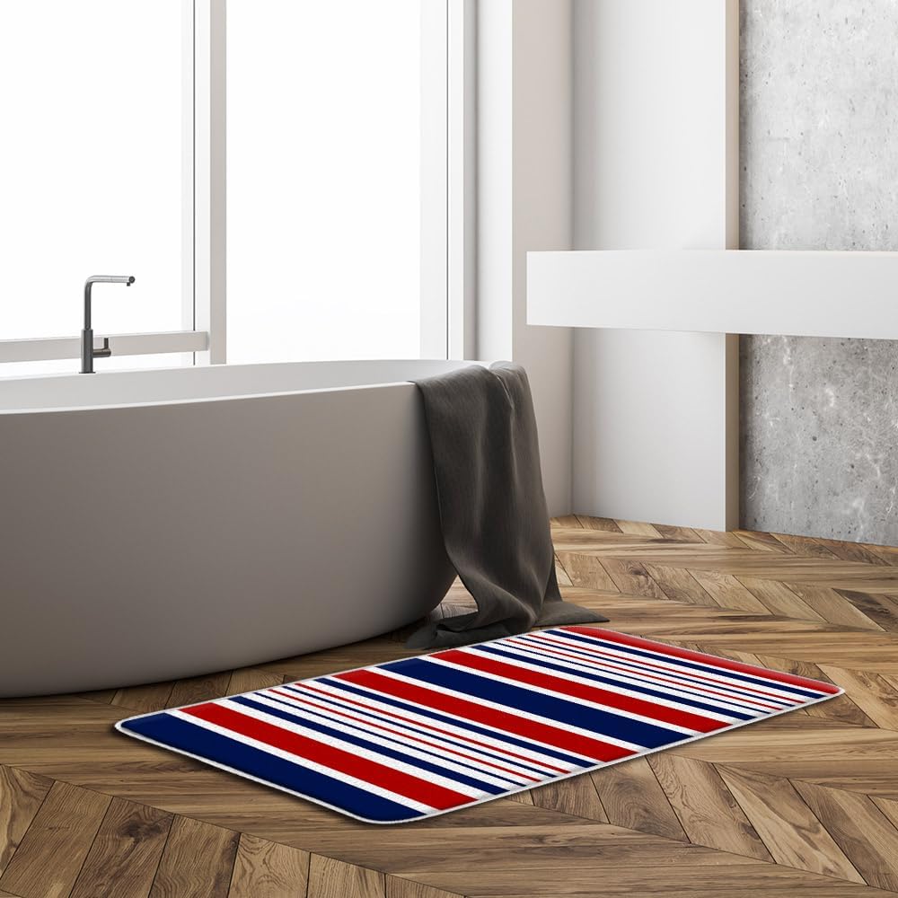 Navy Blue Red White Striped Bath Mat 16x24 Inch