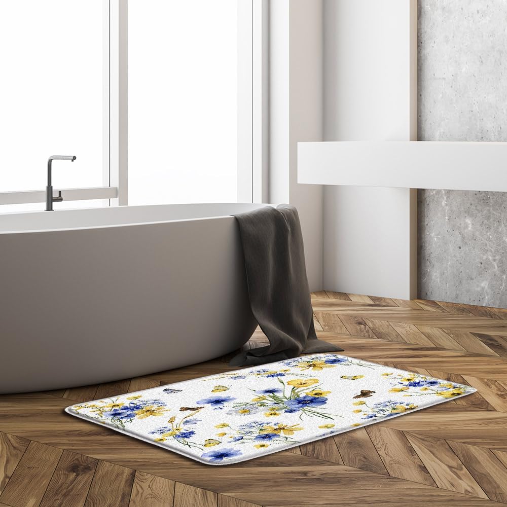 Yellow Blue Flower Bath Mat 16x24 Inches Rustic