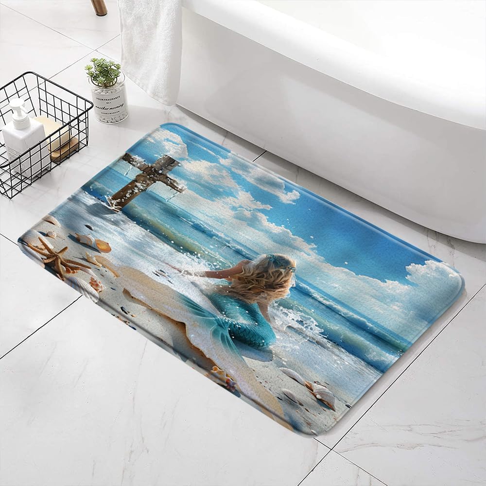 SATRTUD Mermaid Bath Mat - Blue Ocean Waves