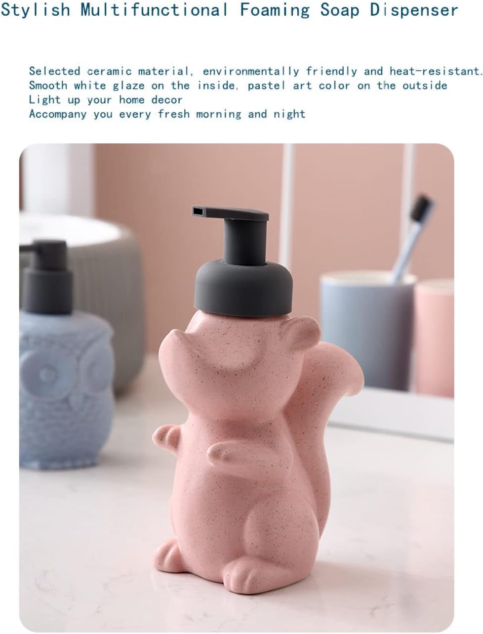 Sage Green Squirrel Ceramic Soap Dispenser with Pump