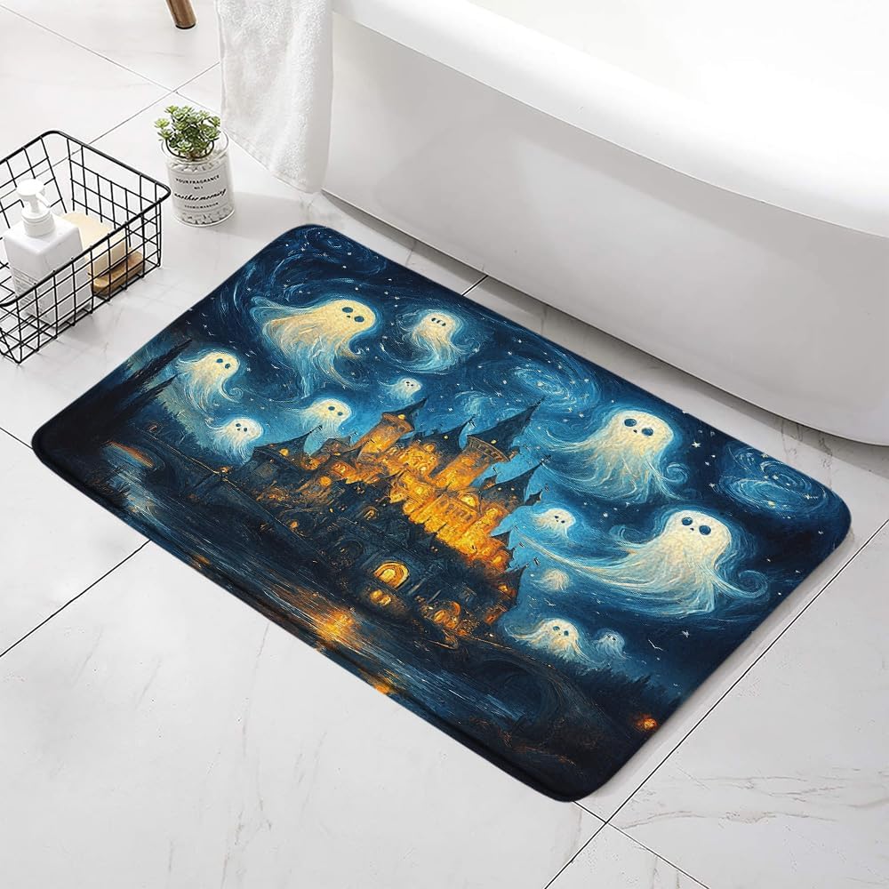 Castle Ghost Bath Mat with Blue Starry Sky Design