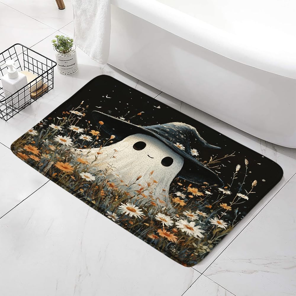 Spooky Halloween Bath Mat with Witch Hat and Wildflowers