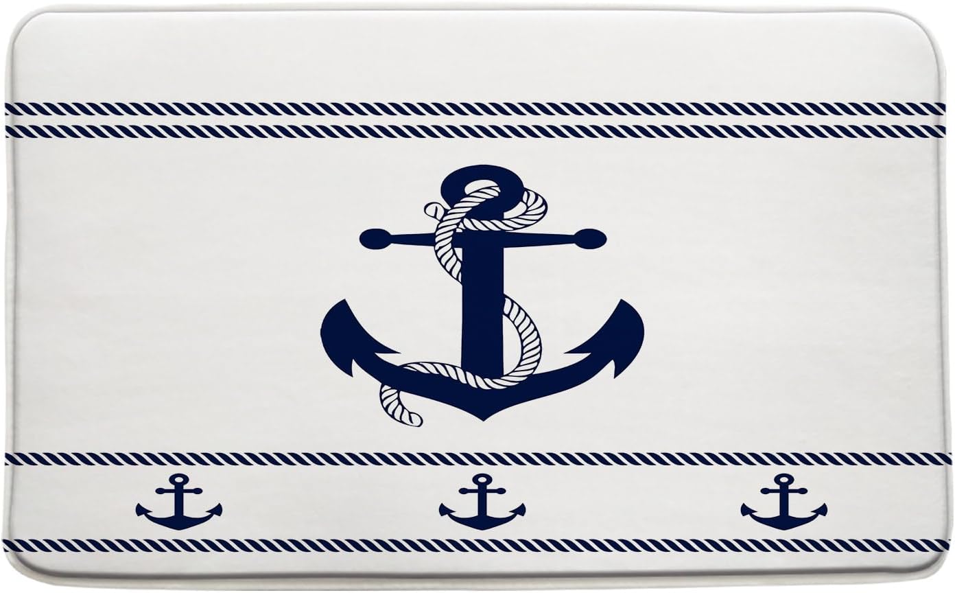Nautical Anchor Bath Mat Navy Blue White Striped
