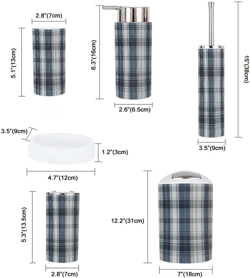Boho Blue Grey Plaid Bathroom Accessory Set 6 Piece