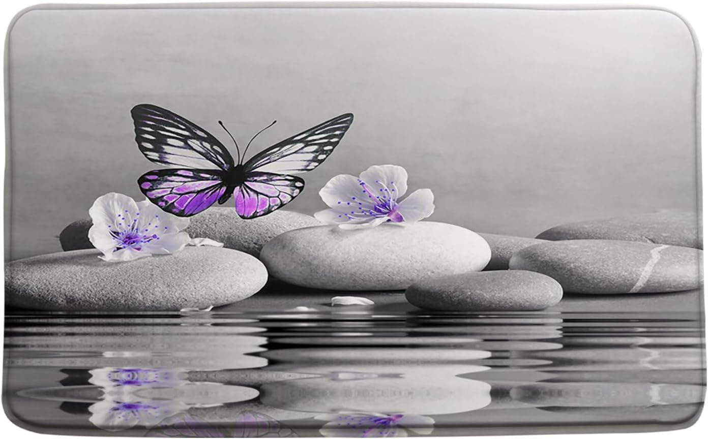 Purple Butterfly Bath Mat with Cherry Blossom Design