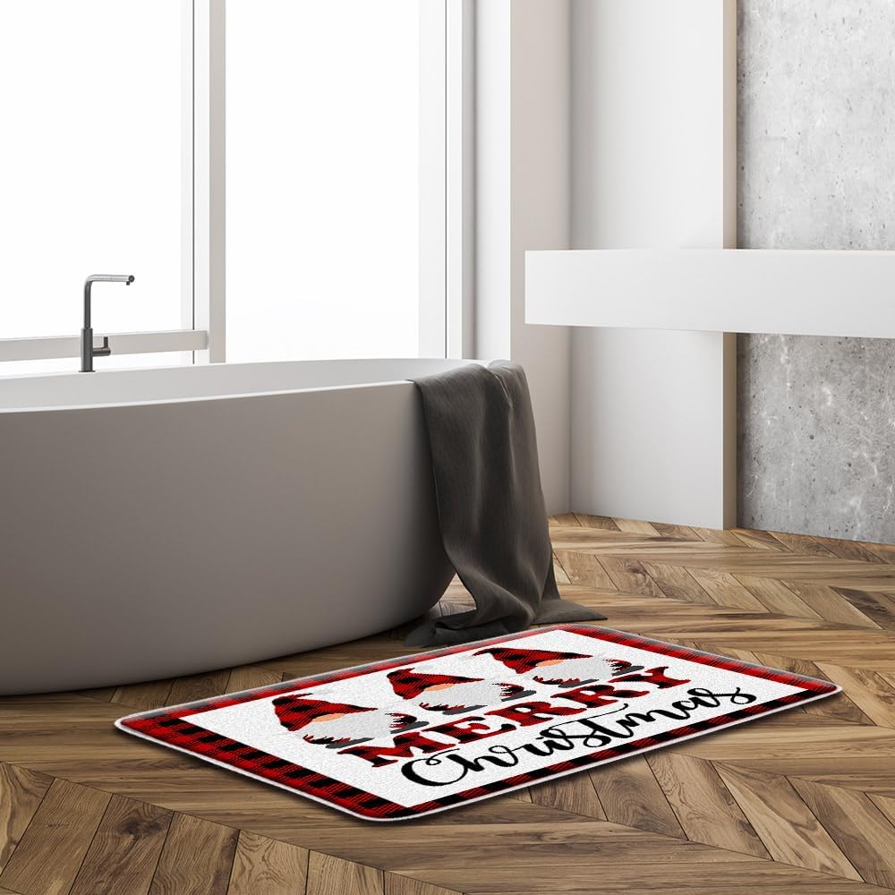 Sunhe Christmas Gnome Bath Mat Red Black Buffalo Plaid