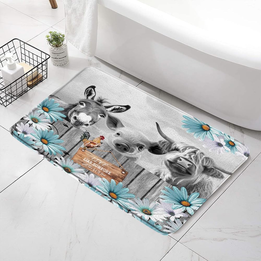 SATRTUD Farmhouse Animal Bath Mat - Rustic Teal Daisy Design