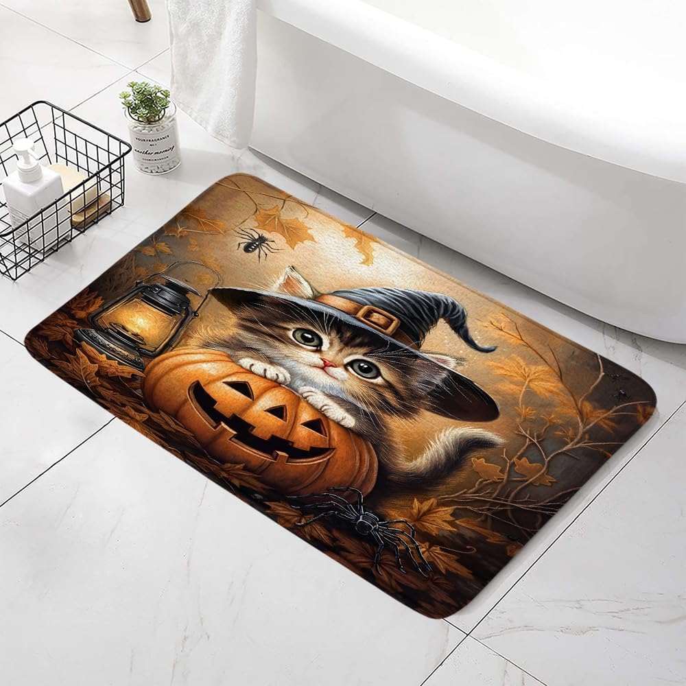 Fall Kitten Bath Mat with Wizard Hat Design
