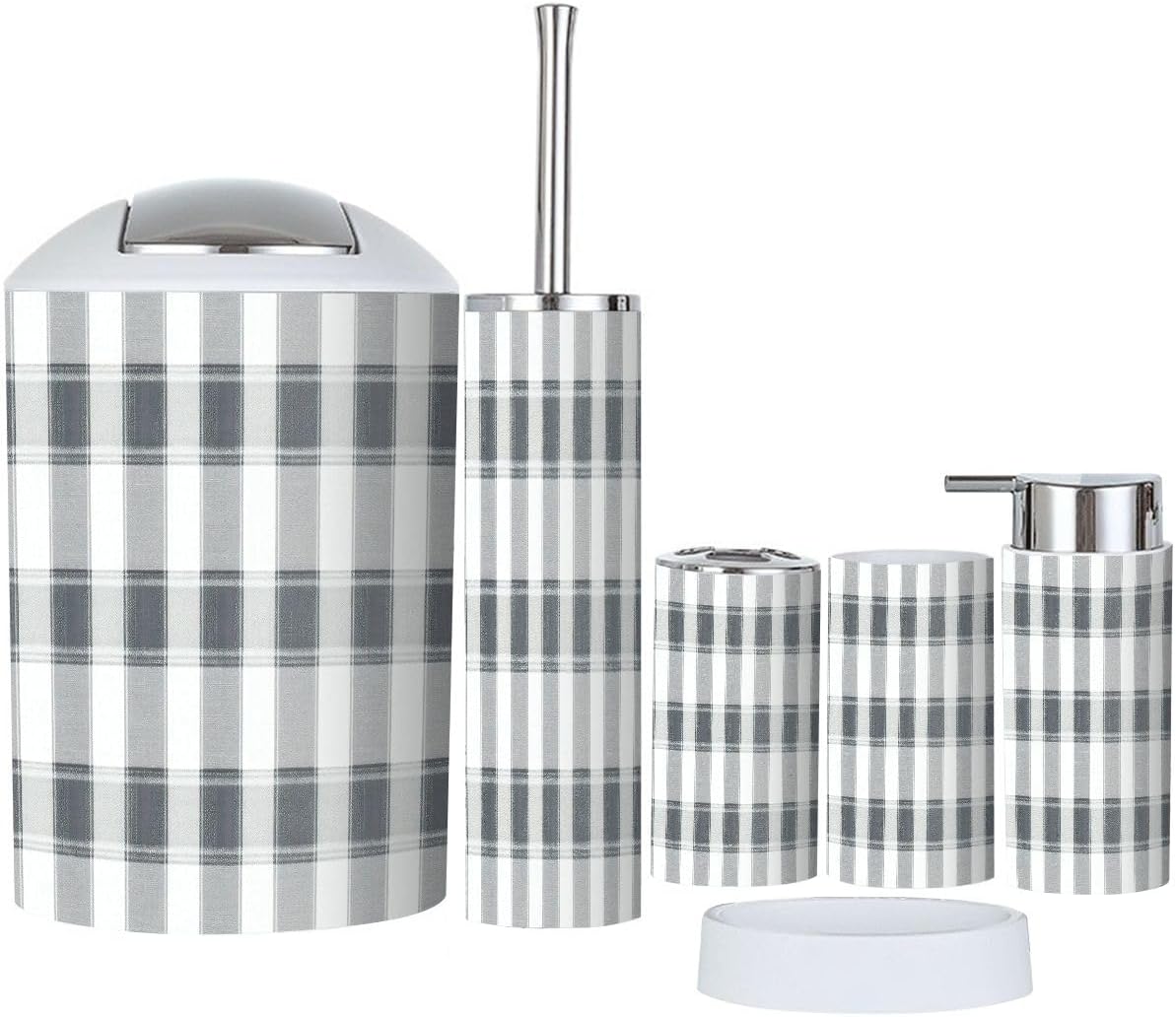 Boho Bathroom Accessory Set 6 Piece in Grey and White Plaid