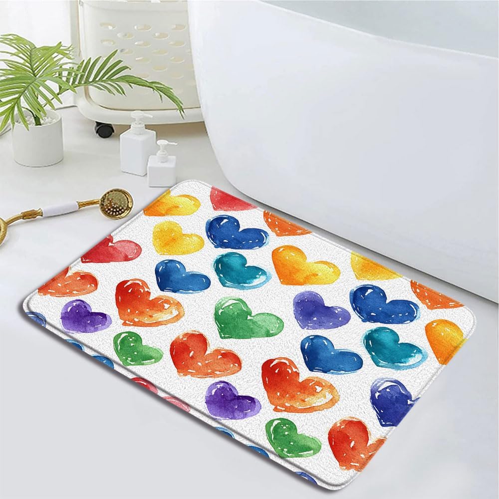 Colorful Heart Bath Rug 16x24 Inch Non-Slip