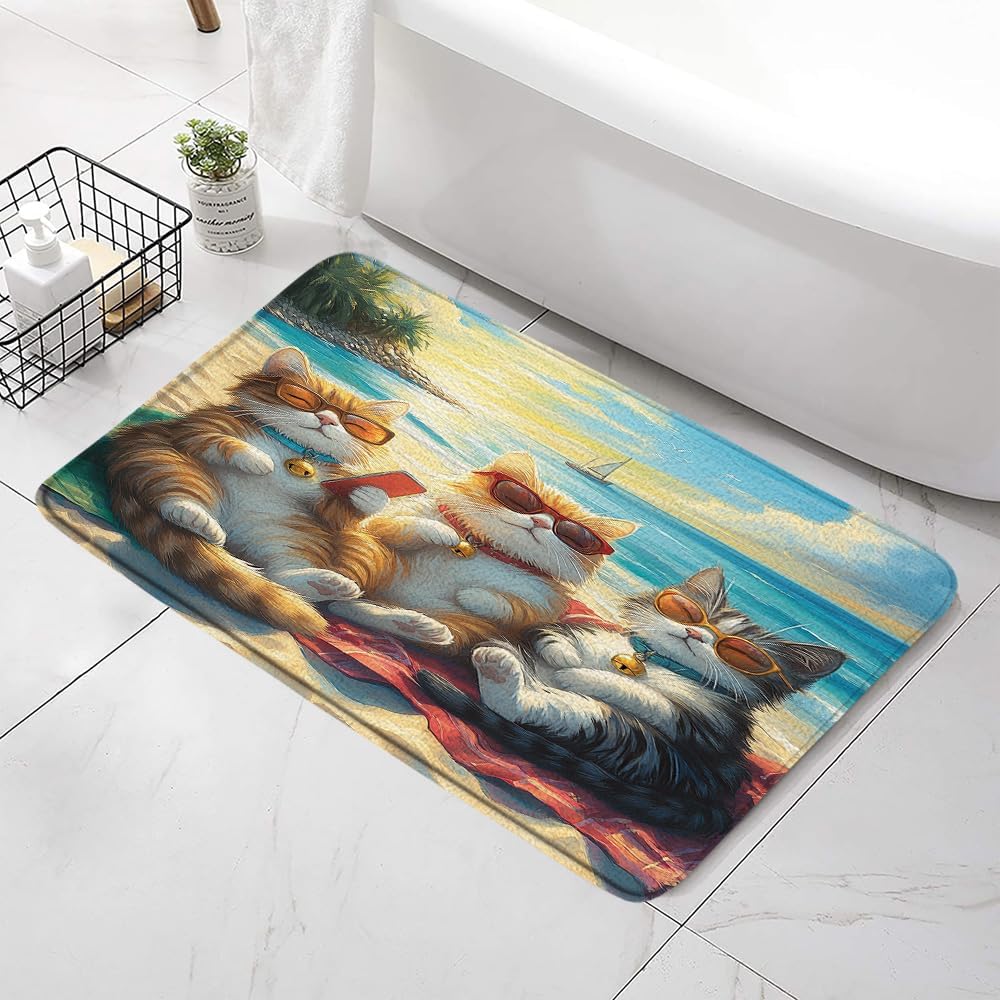 Funny Beach Cat Bath Mat - Non-Slip Tropical Rug
