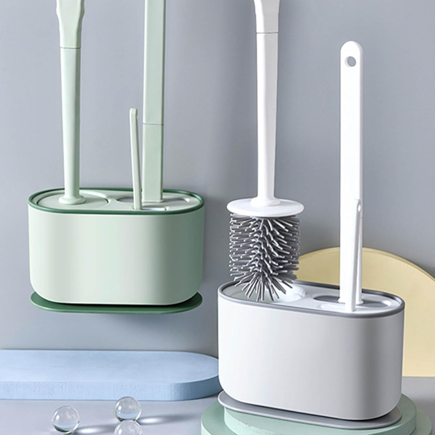 HERCHR Long Handle Toilet Brush and Holder Set - White Deep Cleaning