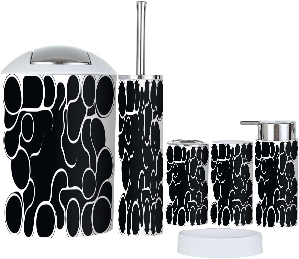 Boho Black White Metaballs Pattern Bathroom Accessory Set 6 Piece