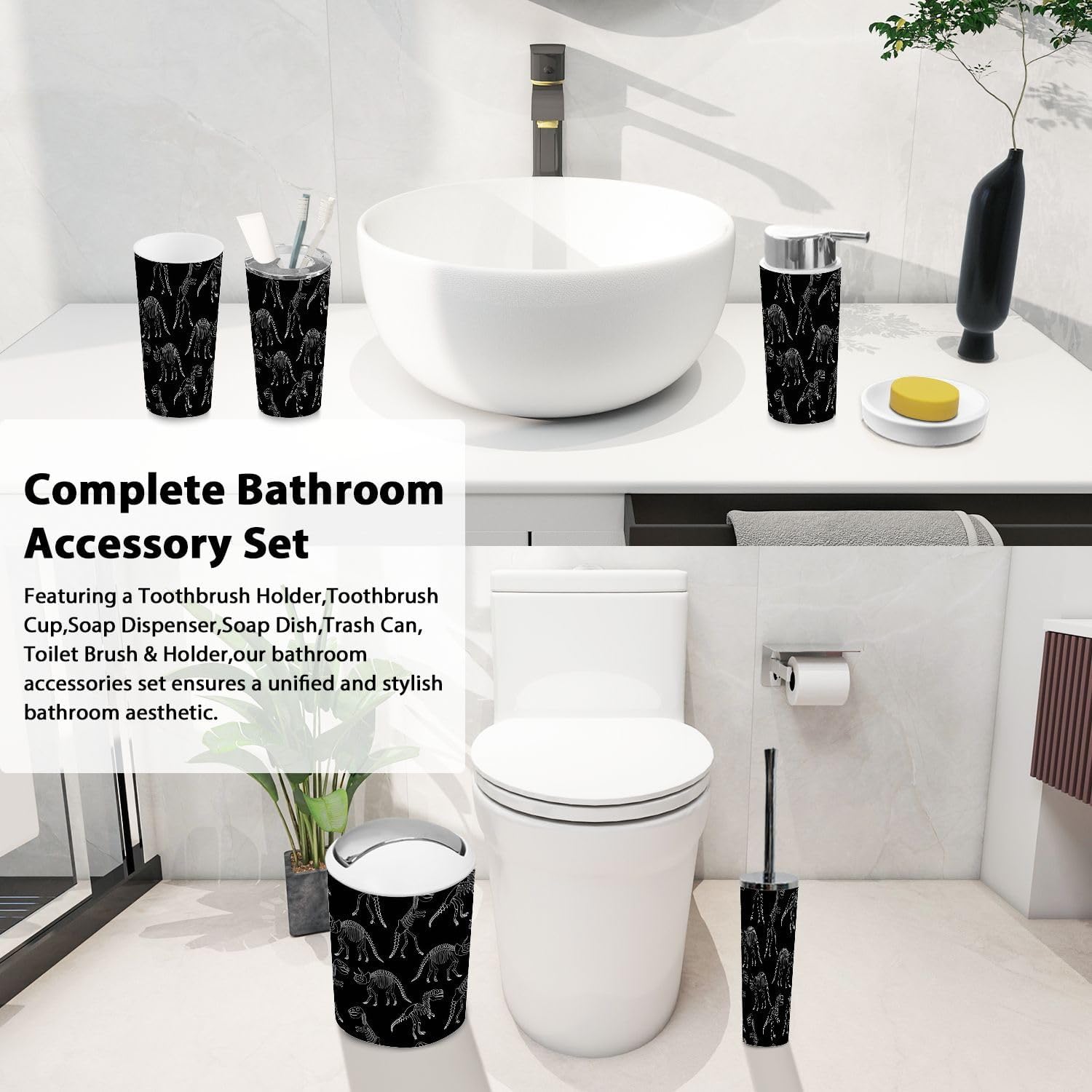 Boho Dinosaur Skeleton Bathroom Accessory Set 6 Piece