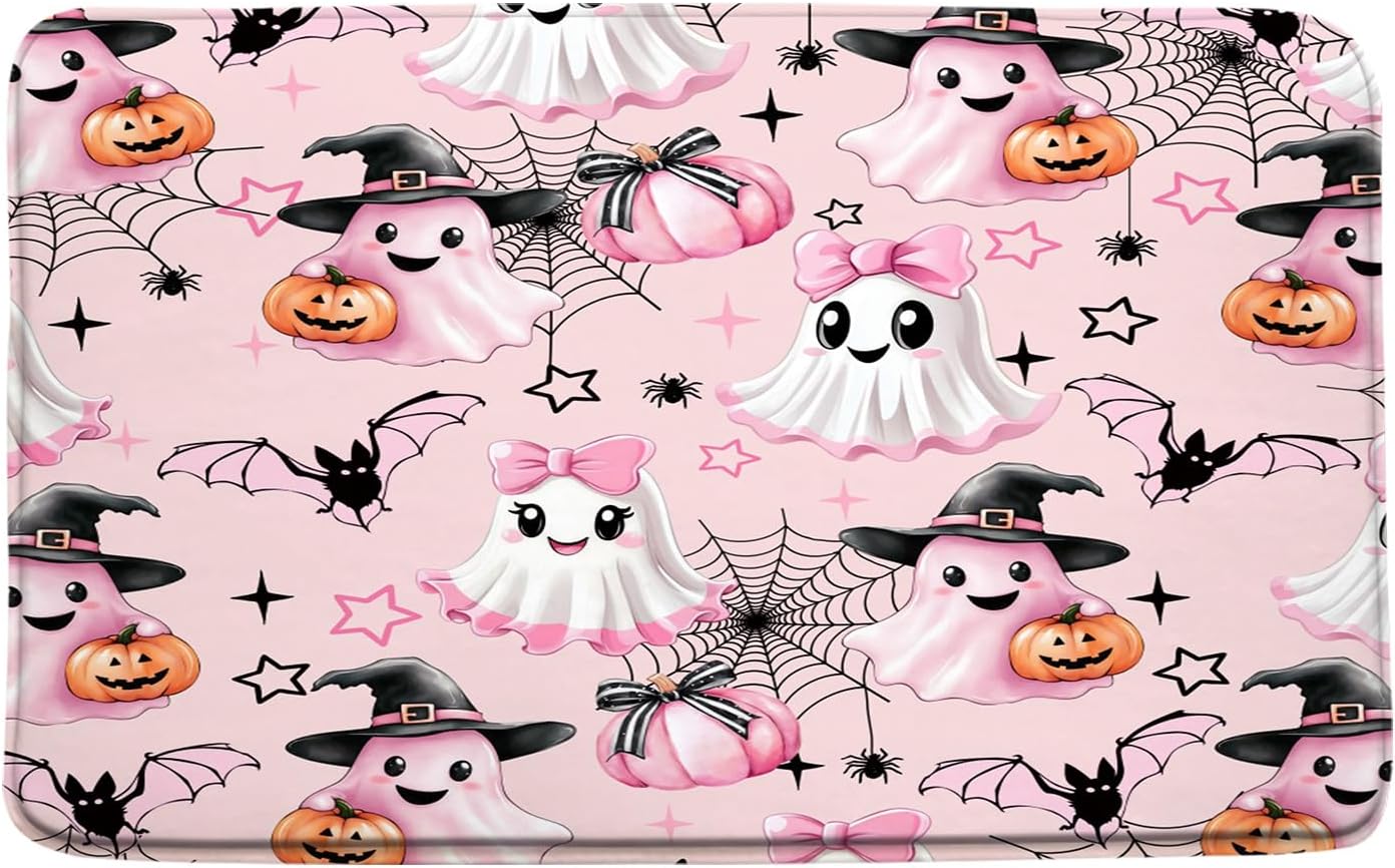 Spooky Halloween Bath Mat with Bowknot and Wizard Hat 1