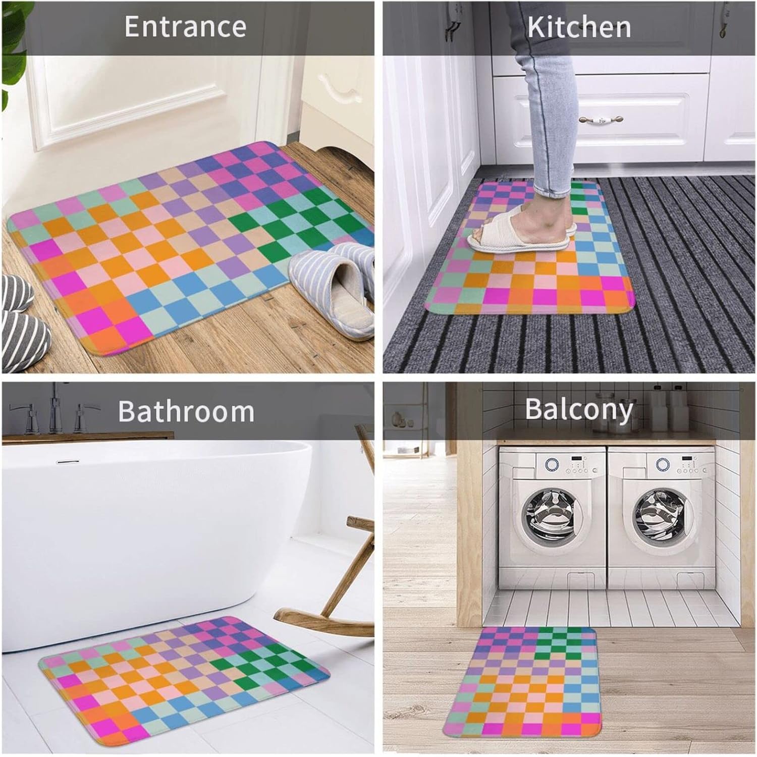 Checkered Rainbow Bath Mat 20x30 Non Slip