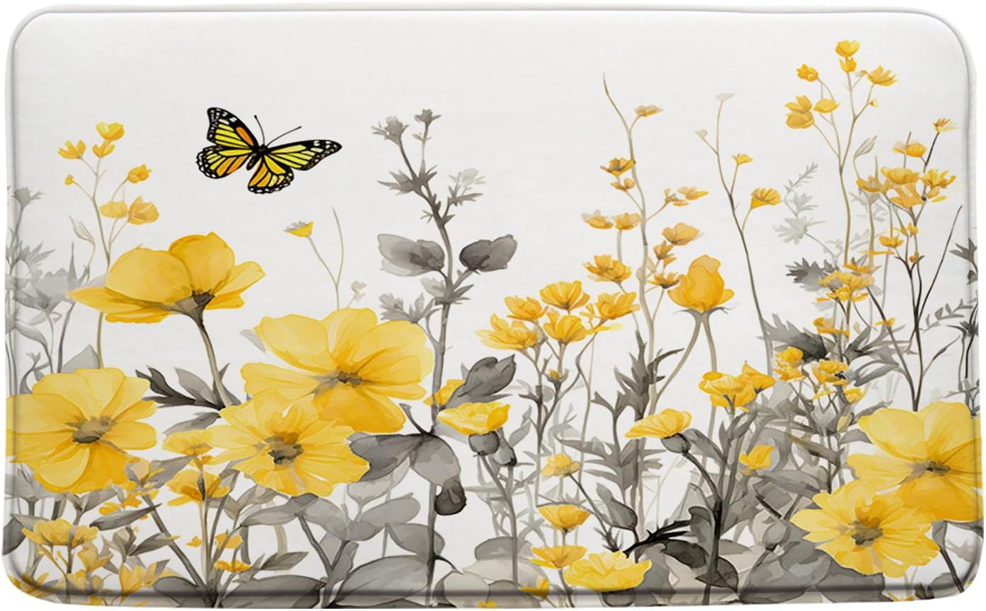 Sunhe Vintage Floral Bath Mat Yellow
