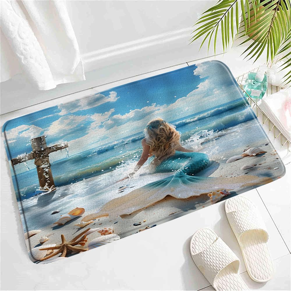 SATRTUD Mermaid Bath Mat - Blue Ocean Waves