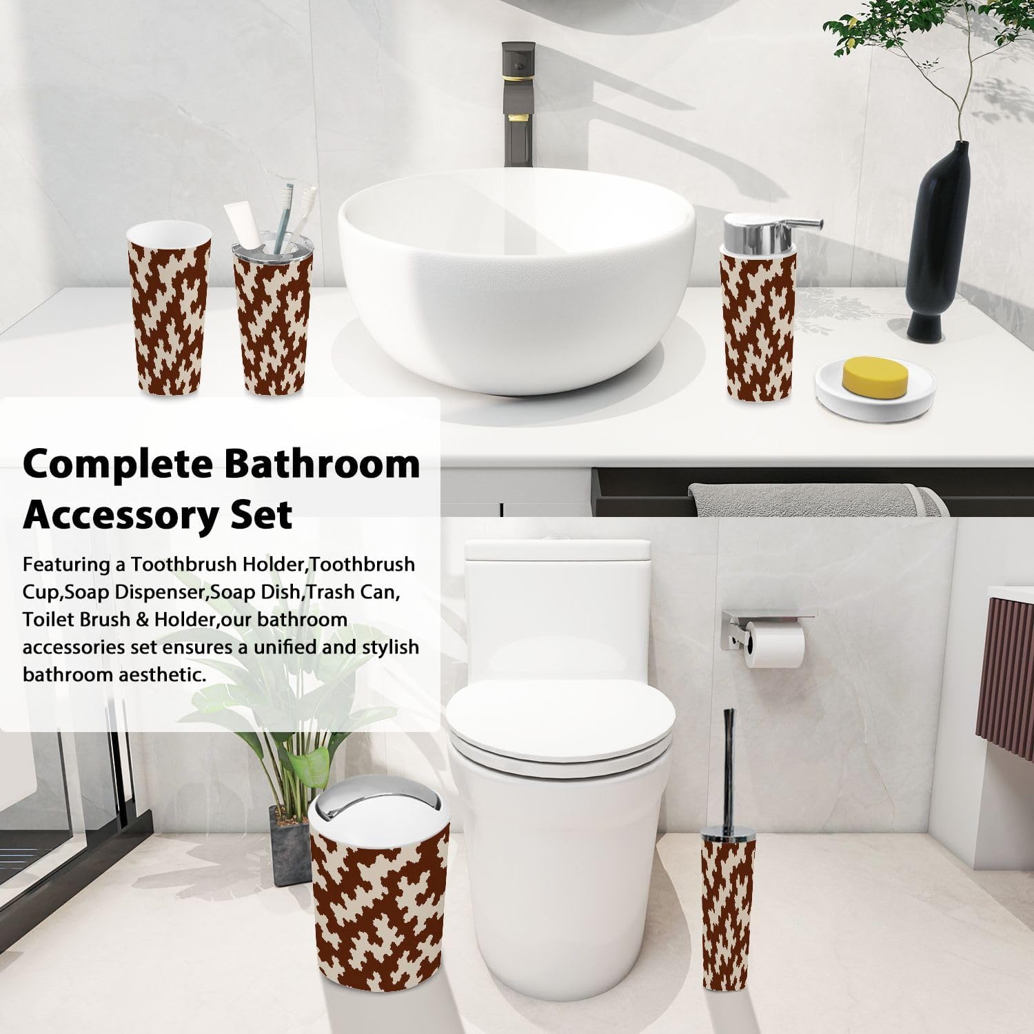Boho Cow Leather Bathroom Accessory Set 6 Piece