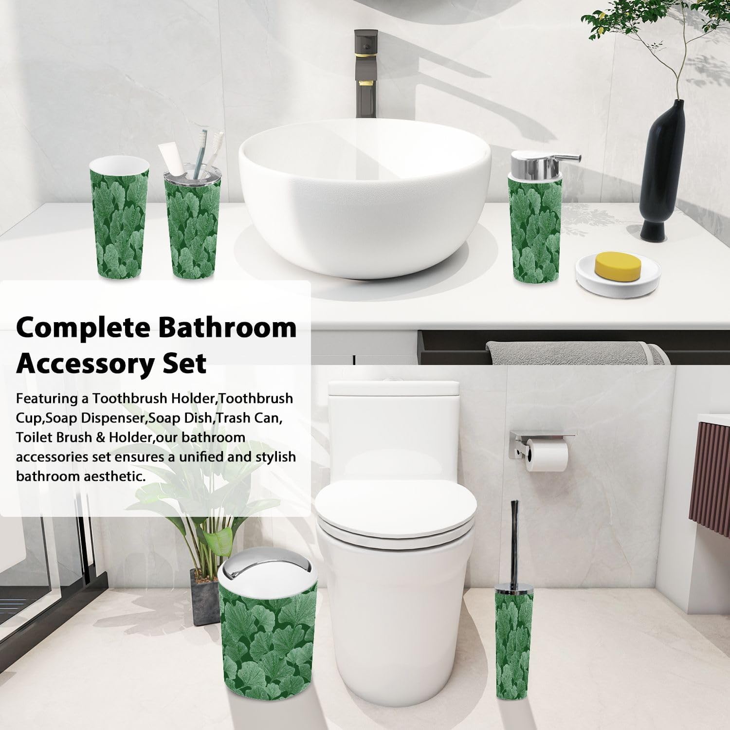 Boho Ginkgo Leaf Bathroom Accessory Set 6 Piece