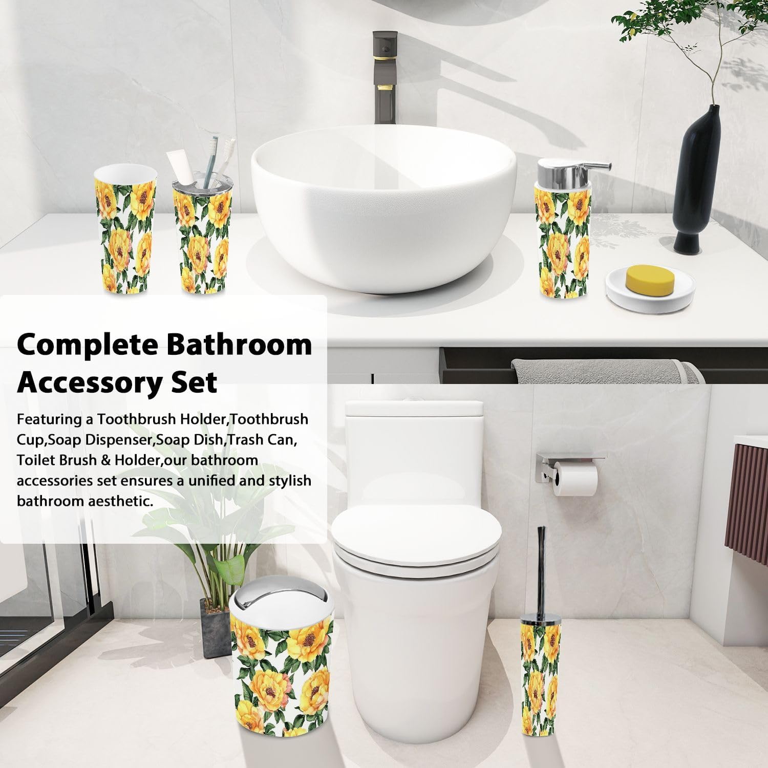 Boho Yellow Peonies Bathroom Accessory Set 6 Piece 1