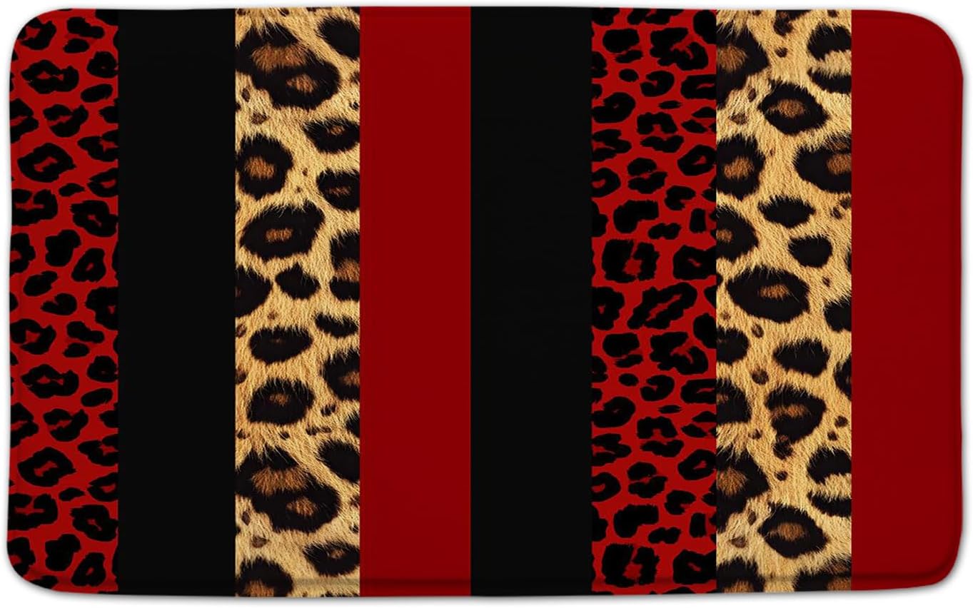 Red Leopard Print Bath Rug with Anti-Slip Backing 1