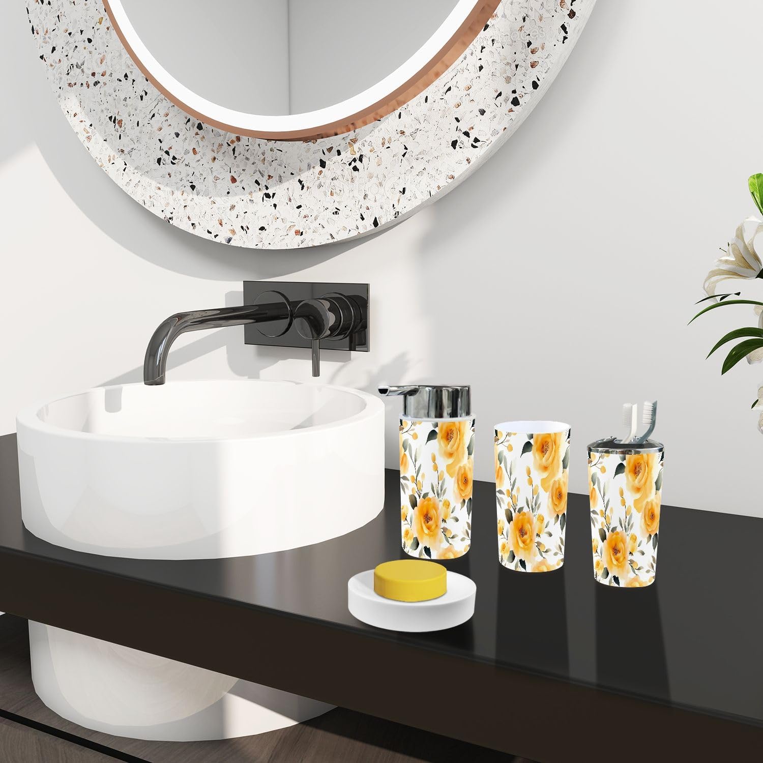 TRANQDEHOM 6-Piece Boho Golden Blooms Bathroom Accessory Set