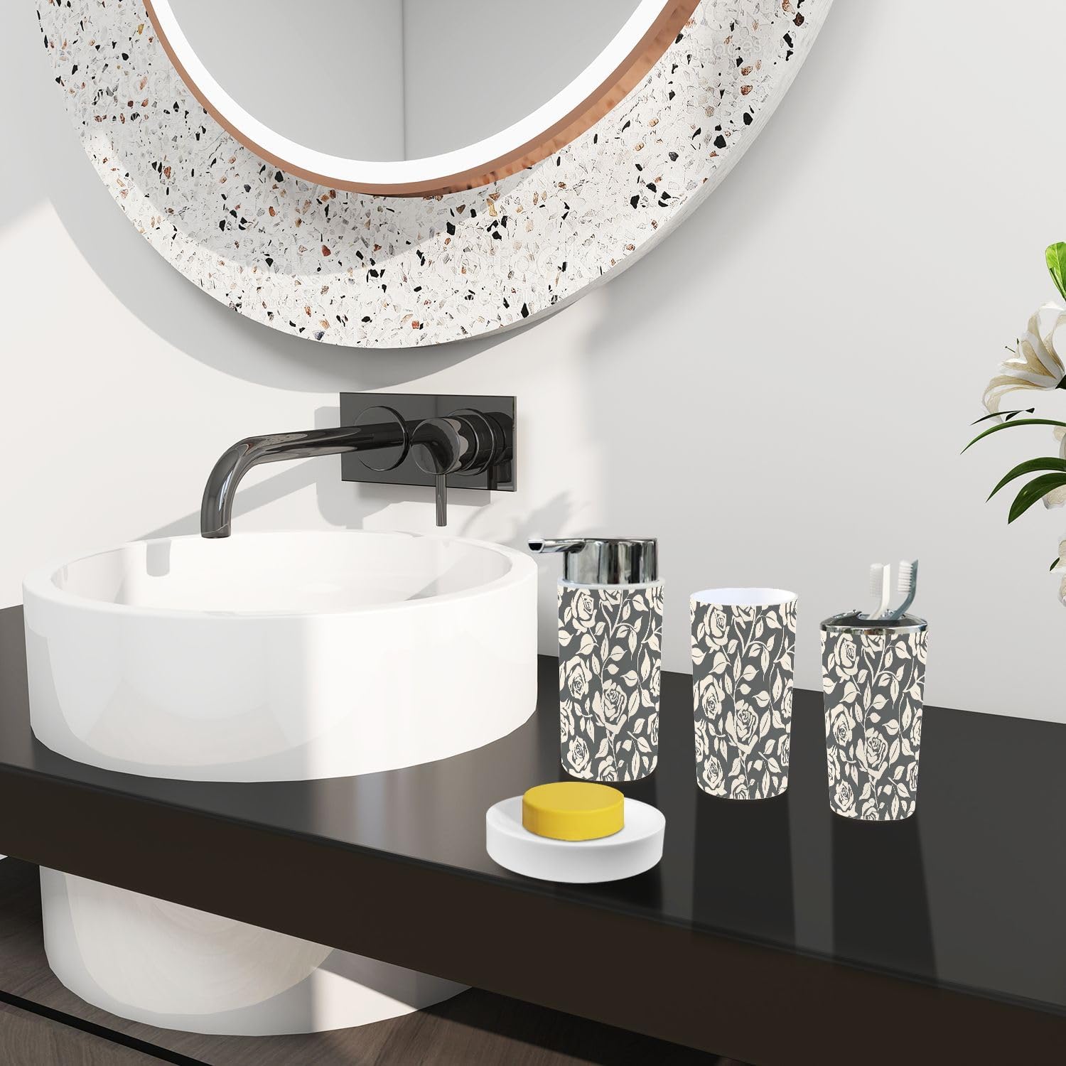 Boho Leaf Pattern Bathroom 6 Piece Accessory Set