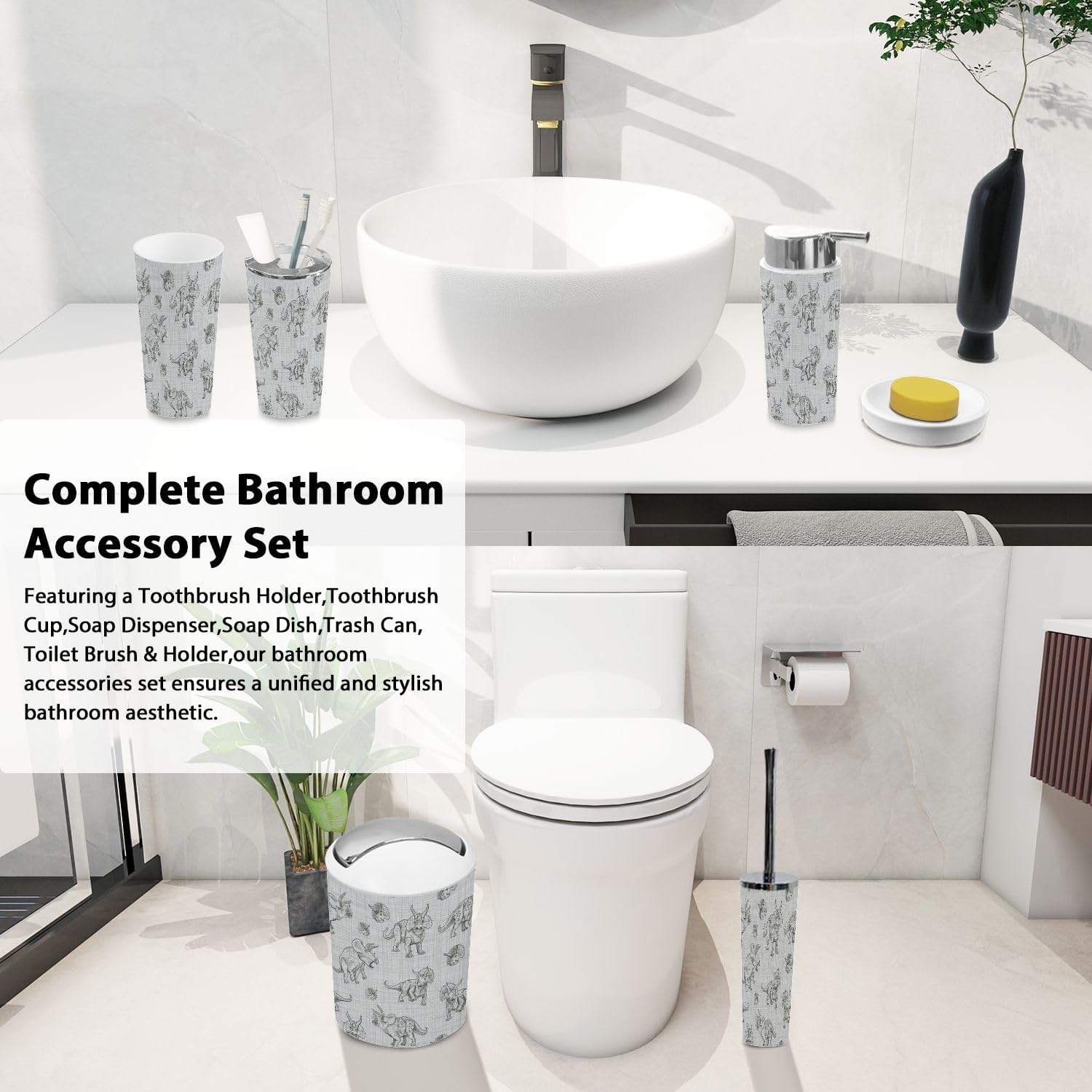 Boho Triceratops Bathroom Accessory Set 6 Piece