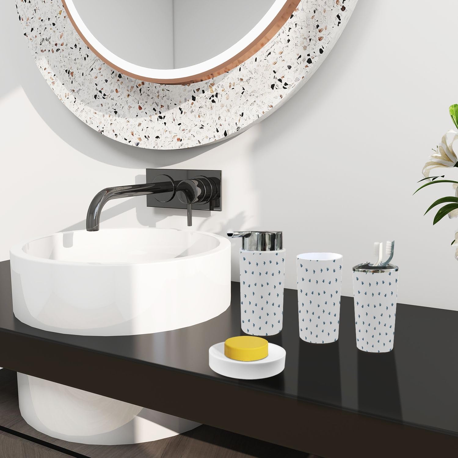 Boho Dinosaur Footprints Gray Bathroom Accessories Set 6 Piece