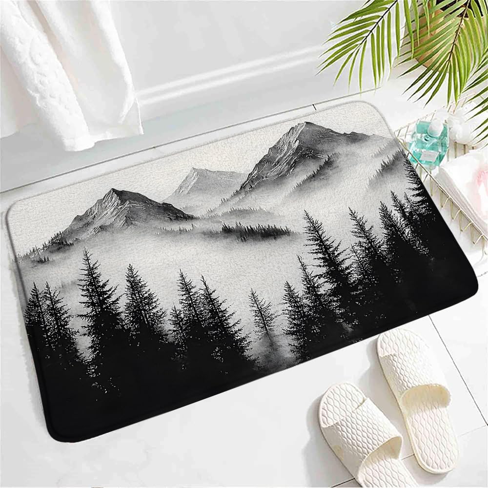 Grey Forest Mountain Bath Mat - Non-Slip 24x16 Inch