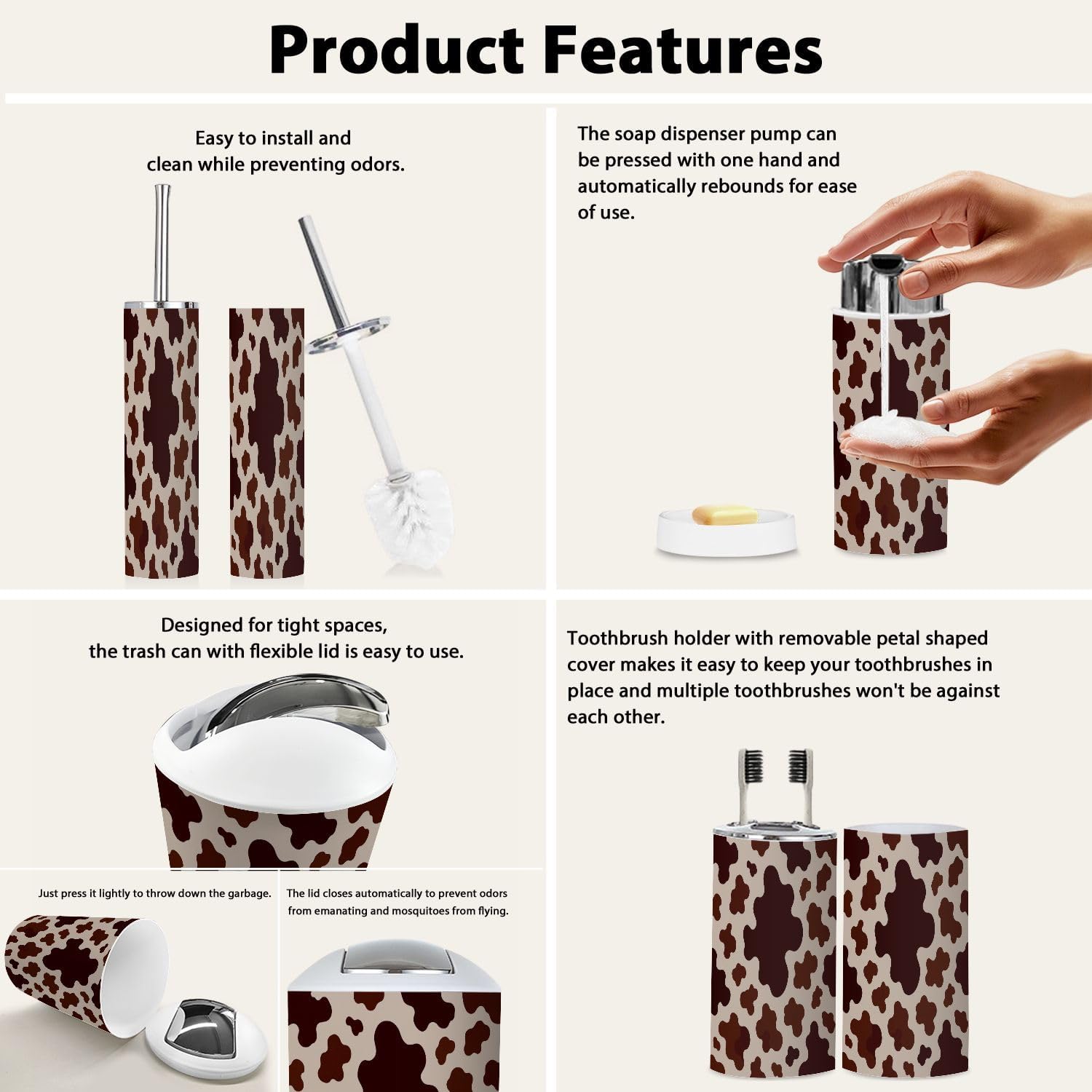 Boho Cow Skin Bathroom Accessory Set 6 Piece
