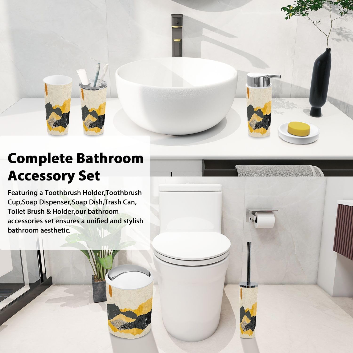 Boho Japanese Bathroom Accessory Set with 6 Pieces