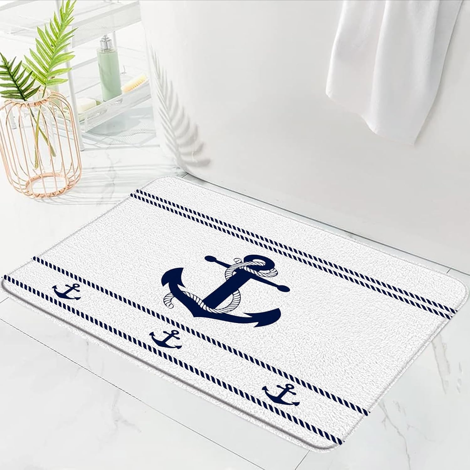 Nautical Anchor Bath Mat Navy Blue White Striped