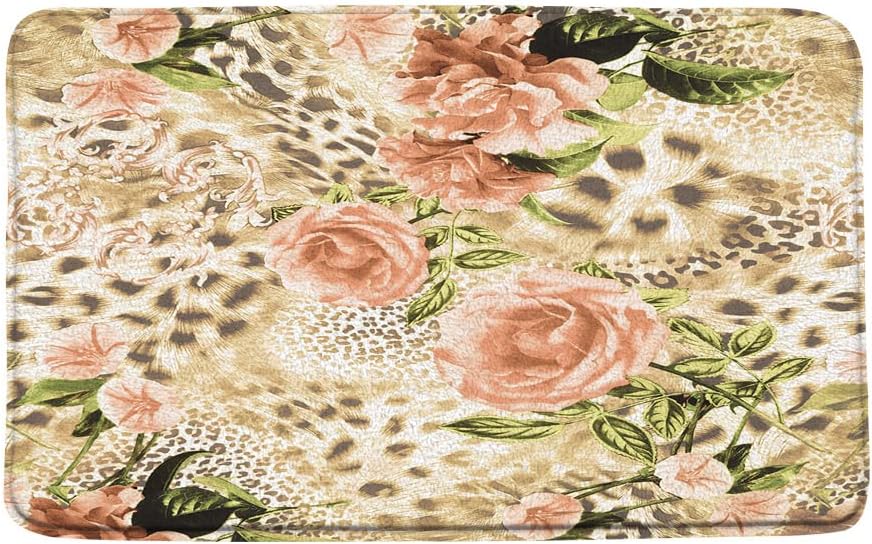 Leopard Print Bath Mat with Pink Roses