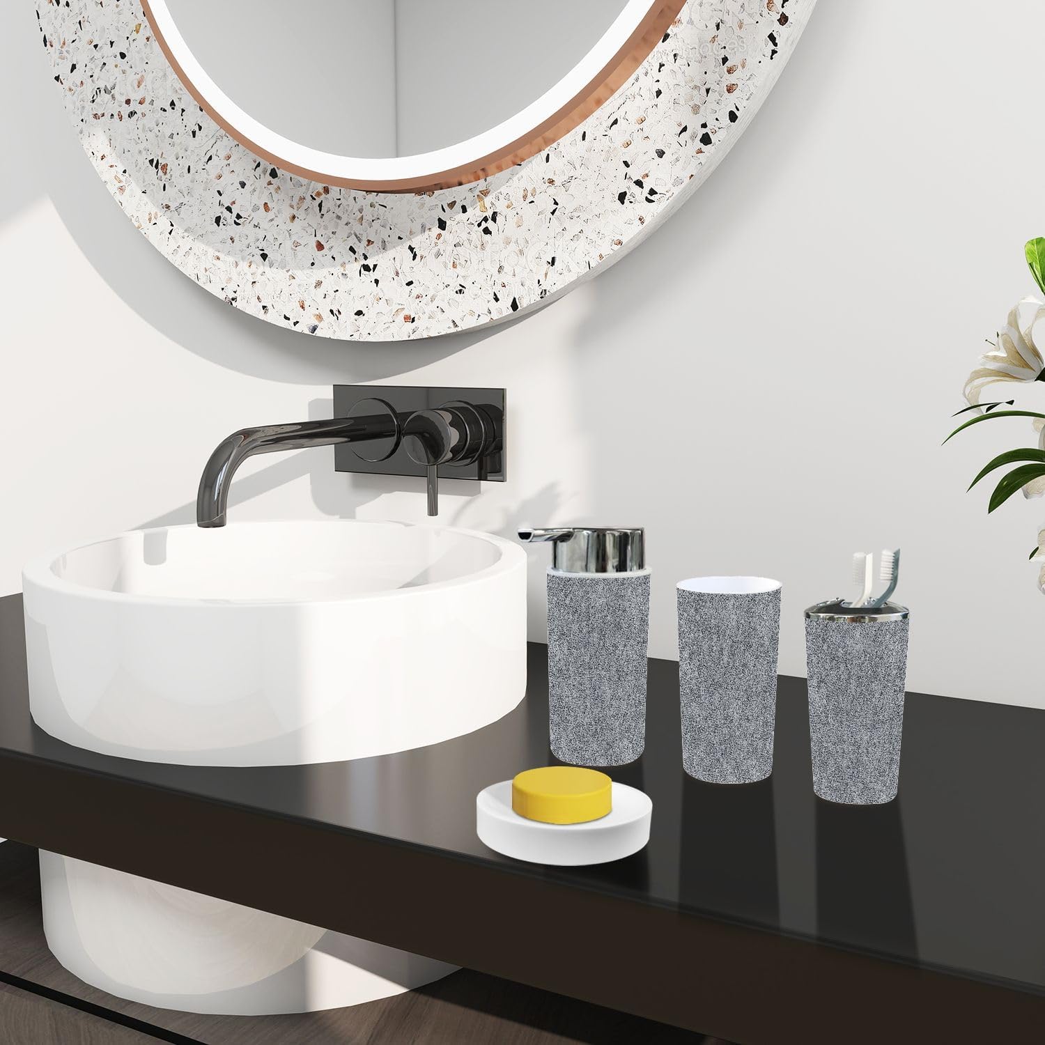 TRANQDEHOM 6-Piece Boho Black Denim Texture Bathroom Accessory Set