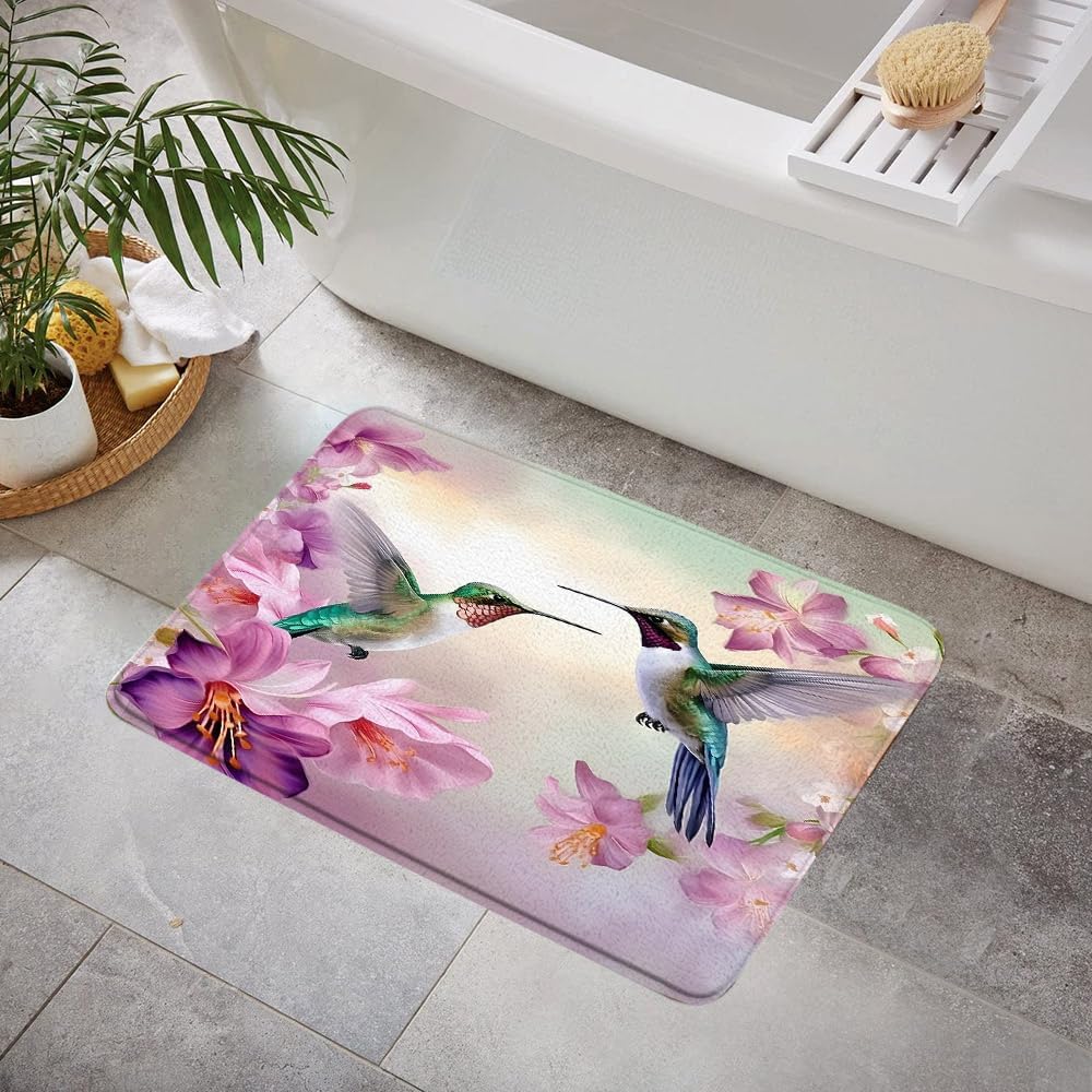 YOZSLGU Hummingbird Floral Memory Foam Bath Rug