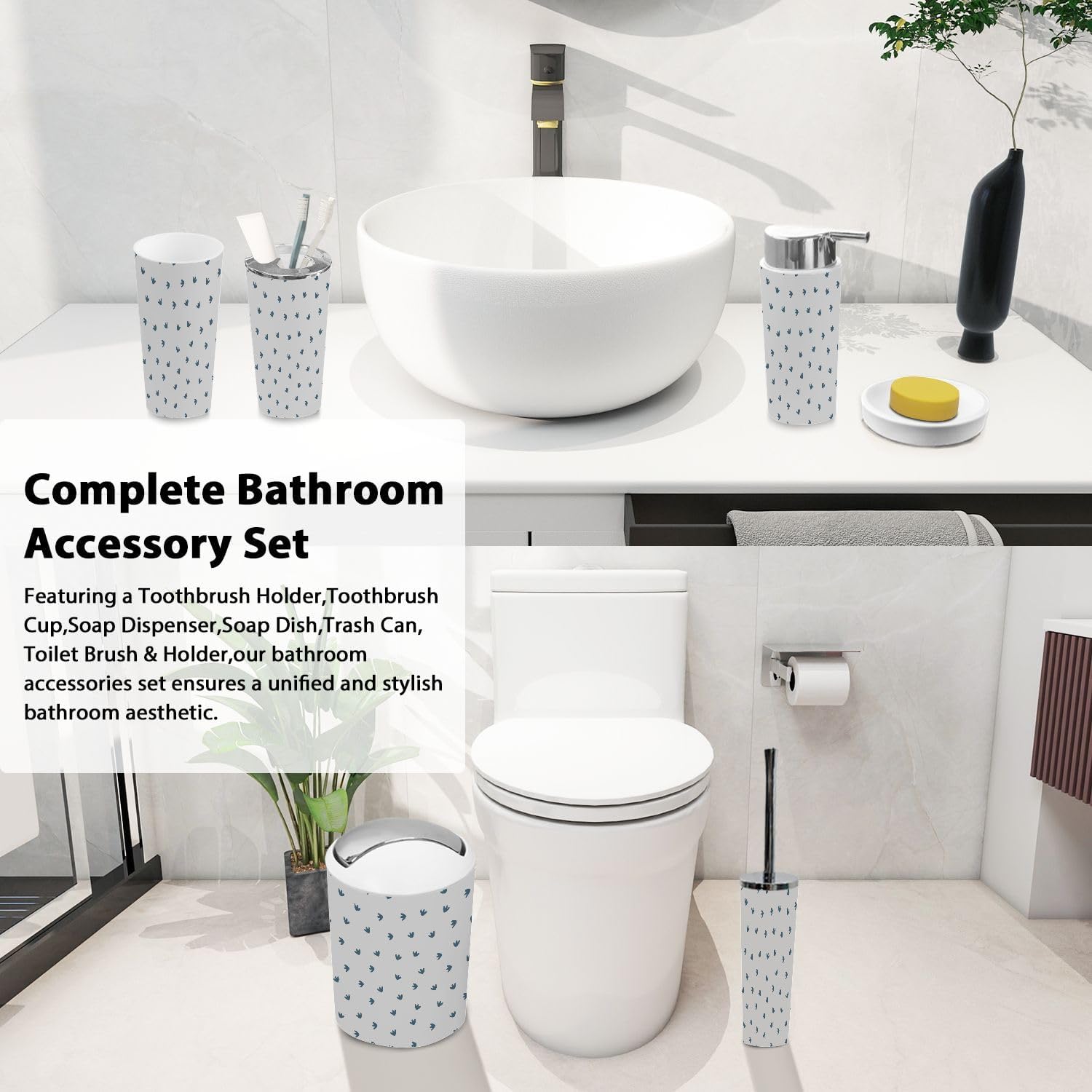 Boho Dinosaur Footprints Gray Bathroom Accessories Set 6 Piece