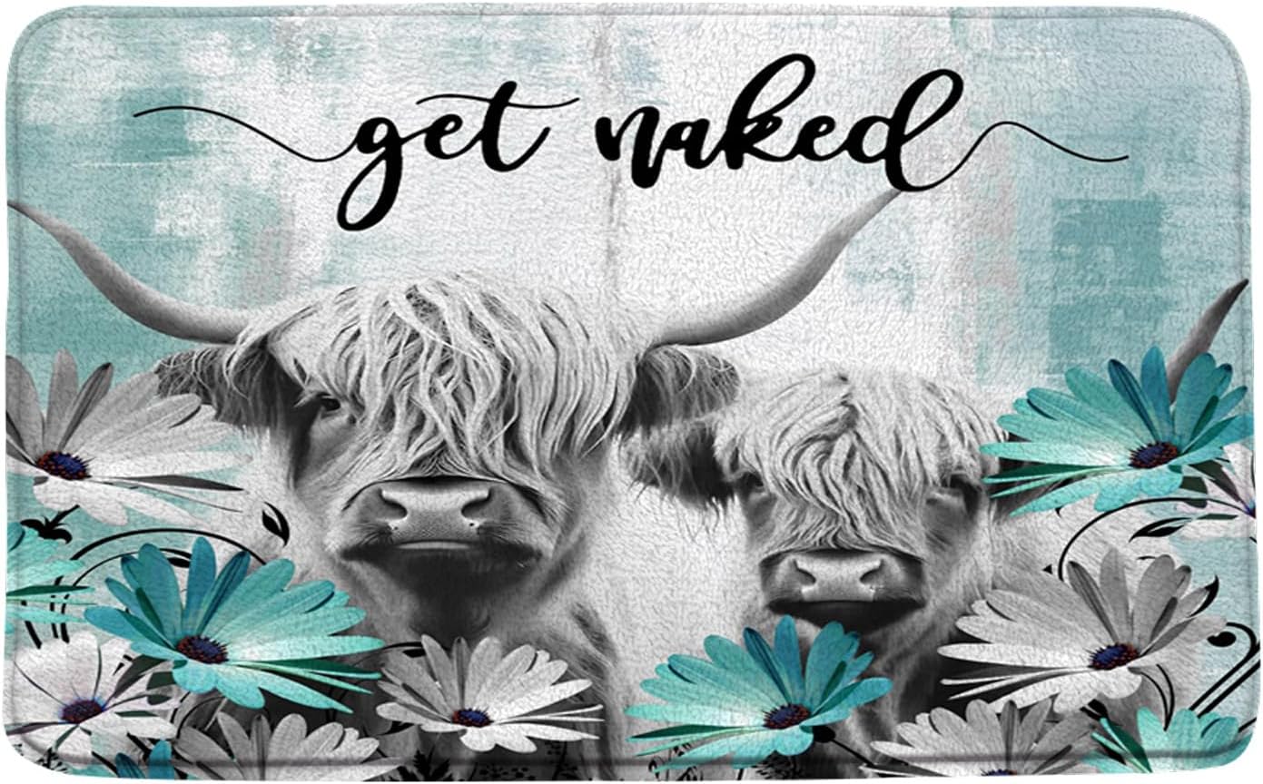 Highland Cow Bath Rug - Teal Daisy Floral Design